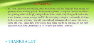 CONCLUSION
• So, from the above presentation, it has been quite clear that the plant after having the
pleasure of the primary growth, the seconadry growth takes place in order to address
the growing needs of the physiological conditions to the body along with to develop
some features in order to adapt itself in the emerging ecological coditions.In addition
to these normal secondary growth in aerial and underground portion of the plants,
some abnormal secondary growth also take place that to be explored in our next
academic meet. Until, that thanks a lot for your patience to listen me.
• THANKS A LOT
 