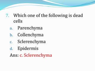 7. Which one of the following is dead
cells
a. Parenchyma
b. Collenchyma
c. Sclerenchyma
d. Epidermis
Ans: c. Sclerenchyma
 