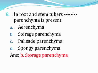 8. In root and stem tubers --------
parenchyma is present
a. Aerenchyma
b. Storage parenchyma
c. Palisade parenchyma
d. Spongy parenchyma
Ans: b. Storage parenchyma
 