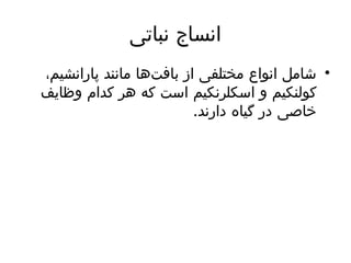 ‫نباتی‬ ‫انساج‬
•
،‫پارانشیم‬ ‫مانند‬ ‫‌ها‬
‫ت‬‫باف‬ ‫از‬ ‫مختلفی‬ ‫انواع‬ ‫شامل‬
‫وظایف‬ ‫کدام‬ ‫هر‬ ‫که‬ ‫است‬ ‫اسکلرنکیم‬ ‫و‬ ‫کولنکیم‬
.‫دارند‬ ‫گیاه‬ ‫در‬ ‫خاصی‬
 