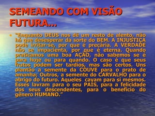 SEMEANDO COM VISÃO FUTURA... “ Enquanto DEUS nos dê um resto de alento, não há que desesperar da sorte do BEM. A INJUSTIÇA pode irritar-se, por que é precária. A VERDADE não se impacienta, por que é eterna. Quando praticamos uma boa AÇÃO, não sabemos se é para hoje ou para quando. O caso é que seus frutos podem ser tardios, mas são certos. Uns plantão a semente da COUVE para o prato de amanha; Outros, a semente do CARVALHO para o abrigo do futuro. Aqueles  cavam para si mesmos. Esses lavram para o seu PAÍS, para a felicidade dos seus descendentes, para o beneficio do gênero HUMANO.” 