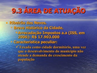 9.3 ÁREA DE ATUAÇÃO Ribeirão das Neves. Breve Histórico da Cidade. Arrecadação Impostos a.a (ISS, em 2006): R$ 17.903.000   Característica peculiar: Taxada como cidade dormitório, uma vez que o desenvolvimento do município não atende a demanda do crescimento da população 