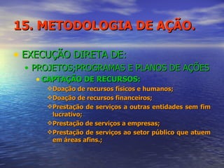 15. METODOLOGIA DE AÇÃO. EXECUÇÃO DIRETA DE: PROJETOS;PROGRAMAS E PLANOS DE AÇÕES CAPTAÇÃO DE RECURSOS: Doação de recursos físicos e humanos; Doação de recursos financeiros; Prestação de serviços a outras entidades sem fim lucrativo; Prestação de serviços a empresas; Prestação de serviços ao setor público que atuem em áreas afins.; 