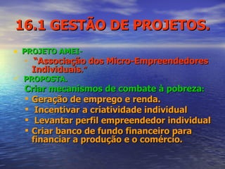 16.1 GESTÃO DE PROJETOS. PROJETO AMEI- “ Associação dos Micro-Empreendedores Individuais .” PROPOSTA.  Criar mecanismos de combate à pobreza : Geração de emprego e renda. Incentivar a criatividade individual Levantar perfil empreendedor individual  Criar banco de fundo financeiro para financiar a produção e o comércio.  