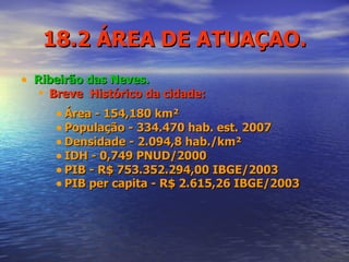 18.2 ÁREA DE ATUAÇAO. Ribeirão das Neves. Breve  Histórico da cidade: Área - 154,180 km²  População - 334.470 hab. est. 2007  Densidade - 2.094,8 hab./km²  IDH - 0,749 PNUD/2000  PIB - R$ 753.352.294,00 IBGE/2003  PIB per capita - R$ 2.615,26 IBGE/2003 
