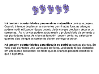 Há também oportunidades para ensinar matemática  com este projeto. Quando é tempo de plantar as sementes germinadas fora, as crianças podem medir utilizando réguas quanto distância que precisam separar os sementes.  As  crianças podem agora medir a profundidade da semente a ser plantada na terra. As crianças também  podem contar no calendário quantos dias até que as sementes devem começar a brotar. Há também oportunidades para discutir os padrões  com as plantas. Se você está plantando uma variedade de flores, você pode tê-las plantadas em um padrão seqüencial de modo que as crianças possam identificar o que é o padrão. 