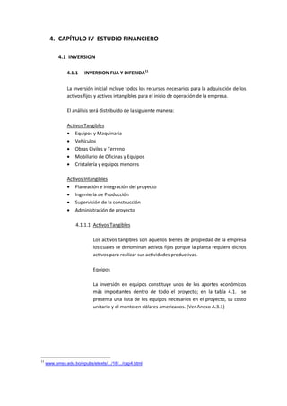 4. CAPÍTULO IV ESTUDIO FINANCIERO

           4.1 INVERSION

                4.1.1   INVERSION FIJA Y DIFERIDA11

                La inversión inicial incluye todos los recursos necesarios para la adquisición de los
                activos fijos y activos intangibles para el inicio de operación de la empresa.

                El análisis será distribuido de la siguiente manera:

                Activos Tangibles
                 Equipos y Maquinaria
                 Vehículos
                 Obras Civiles y Terreno
                 Mobiliario de Oficinas y Equipos
                 Cristalería y equipos menores

                Activos Intangibles
                 Planeación e integración del proyecto
                 Ingeniería de Producción
                 Supervisión de la construcción
                 Administración de proyecto

                    4.1.1.1 Activos Tangibles

                             Los activos tangibles son aquellos bienes de propiedad de la empresa
                             los cuales se denominan activos fijos porque la planta requiere dichos
                             activos para realizar sus actividades productivas.

                             Equipos

                             La inversión en equipos constituye unos de los aportes económicos
                             más importantes dentro de todo el proyecto; en la tabla 4.1. se
                             presenta una lista de los equipos necesarios en el proyecto, su costo
                             unitario y el monto en dólares americanos. (Ver Anexo A.3.1)




11
     www.umss.edu.bo/epubs/etexts/.../18/.../cap4.html
 