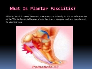 Plantar fasciitis is one of the most common sources of heel pain. It is an inflammation
of the ‘Plantar fascia’, is fibrous material that inserts into your heel, and branches out
to your five toes.
 