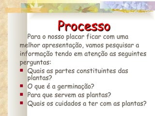 Processo Para o nosso placar ficar com uma melhor apresentação, vamos pesquisar a informação tendo em atenção as seguintes perguntas: Quais as partes constituintes das plantas? O que é a germinação? Para que servem as plantas? Quais os cuidados a ter com as plantas? 