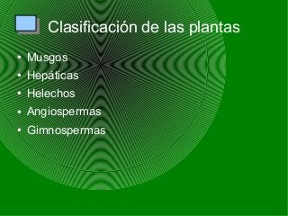 Clasificación de las plantas
● Musgos
● Hepáticas
● Helechos
● Angiospermas
● Gimnospermas
 