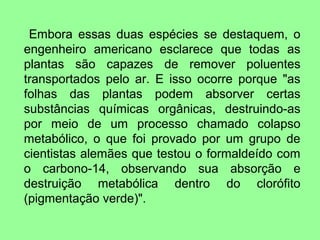 Embora essas duas espécies se destaquem, o
engenheiro americano esclarece que todas as
plantas são capazes de remover poluentes
transportados pelo ar. E isso ocorre porque "as
folhas das plantas podem absorver certas
substâncias químicas orgânicas, destruindo-as
por meio de um processo chamado colapso
metabólico, o que foi provado por um grupo de
cientistas alemães que testou o formaldeído com
o carbono-14, observando sua absorção e
destruição metabólica dentro do clorófito
(pigmentação verde)".
 
