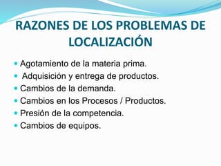 RAZONES DE LOS PROBLEMAS DE
LOCALIZACIÓN
 Agotamiento de la materia prima.
 Adquisición y entrega de productos.
 Cambios de la demanda.
 Cambios en los Procesos / Productos.
 Presión de la competencia.
 Cambios de equipos.
 
