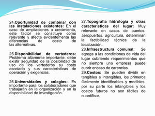 24.Oportunidad de combinar con
las instalaciones existentes: En el
caso de ampliaciones o crecimiento,
este factor se constituye como
relevante y afecta evidentemente las
diferencias de costo de
las alternativas.
25.Disponibilidad de vertederos:
Problema altamente importante, debe
existir seguridad de la posibilidad de
uso de los vertederos su costo
asociado y sus características de
operación y exigencias.
26.Universidades y colegios: Es
importante para los colaboradores que
trabajarán en la organización y en la
disponibilidad de investigación.
27.Topografía hidrología y otras
características del lugar: Muy
relevante en casos de puertos,
aeropuertos, agricultura, determinan
la factibilidad técnica de la
localización.
28.Infraestructura comunal: Se
agrega a las condiciones de vida del
lugar cubriendo requerimientos que
no siempre una empresa puede
cubrir encaso de carencias.
29.Costos: Se pueden dividir en
tangibles e intangibles, los primeros
fácilmente identificables y medibles,
por su parte los intangibles y los
costos futuros no son fáciles de
cuantificar.
 