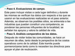  Paso 4. Evaluaciones de campo.
Este paso incluye visitas a cada lugar definitivo y durante
las mismas se verifican los datos con respecto a los que se
usaron en las evaluaciones realizadas en el paso anterior.
Además, se observan los posibles sitios, se entrevista a las
industrias que puedan constituir una competencia, se
ponderan las personas influyentes de la localidad, se
señalan los apoyos y valora la calidad de vida.
 Paso 5. Análisis comparativo de los datos.
Después de visitar todas las comunidades, se hace un
resumen de ellas, tanto desde la perspectiva de los costos
operativos como de la calidad. Este tramite puede
pormenorizarse tanto como lo necesiten los directivos para
apoyar el plan de reubicación.
 