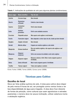 34 Plantas Condimentares: Cultivo e Utilização
Nome vulgar Nome científico Tipo de solo
Açafrão Curcuma longa Bem drenado
Alecrim
Rosmarinus
officinalis
Calcário e bem drenado
Coentro
Coriandrum
sativum
Fértil e bem drenado
Endro
Anethum
graveolens
Fértil e sem umidade excessiva
Erva-doce Pimpinella anisum Não suporta solo argiloso e mal drenado
Funcho Foeniculum vulgare Bem adaptado a vários tipos de solo, desde que bem drenado
Gengibre Zingiber oficinalis Bem drenado
Hortelã Mentha villosa Exigente em matéria orgânica e solo úmido
Manjericão Ocimum basilicum
Rico em matéria orgânica, não suporta solo argiloso e mal
drenado
Manjerona
Origanum
marjorana
Sofre com excesso de umidade e solo muito argiloso
Orégano Origanum vulgare
Natureza calcária e fértil. Não é muito exigente quanto à
fertilidade.
Sálvia Salvia officinalis Não é muito exigente quanto à fertilidade
Tomilho Thymus vulgaris Tolera solo argiloso e calcário
Tabela 1. Indicações da qualidade de solo para algumas plantas condimentares.
Fonte: Furlan (1998); Torres (2005); Correa Junior (2006).
Técnicas para Cultivo
Escolha do local
Deve ser feita análise química do solo. A área para cultivo deve dispor
de pelo menos 6 horas de sol, ser protegida contra ventos fortes e ter
boa disponibilidade de água para irrigação. A área deve ficar distante
de fontes de poluição, como culturas que usam agrotóxicos e estradas
poeirentas; o terreno deve ter pouca inclinação, utilizar cobertura morta
e adubação orgânica.
 