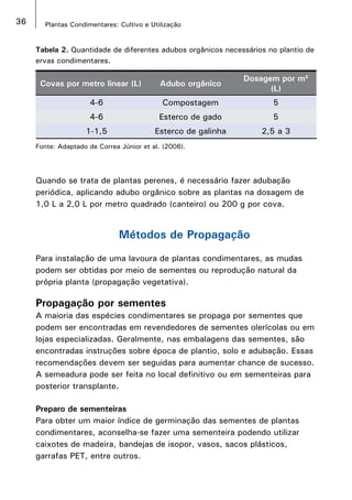 36 Plantas Condimentares: Cultivo e Utilização
Tabela 2. Quantidade de diferentes adubos orgânicos necessários no plantio de
ervas condimentares.
Covas por metro linear (L) Adubo orgânico
Dosagem por m²
(L)
4-6 Compostagem 5
4-6 Esterco de gado 5
1-1,5 Esterco de galinha 2,5 a 3
Fonte: Adaptado de Correa Júnior et al. (2006).
Quando se trata de plantas perenes, é necessário fazer adubação
periódica, aplicando adubo orgânico sobre as plantas na dosagem de
1,0 L a 2,0 L por metro quadrado (canteiro) ou 200 g por cova.
Métodos de Propagação
Para instalação de uma lavoura de plantas condimentares, as mudas
podem ser obtidas por meio de sementes ou reprodução natural da
própria planta (propagação vegetativa).
Propagação por sementes
A maioria das espécies condimentares se propaga por sementes que
podem ser encontradas em revendedores de sementes olerícolas ou em
lojas especializadas. Geralmente, nas embalagens das sementes, são
encontradas instruções sobre época de plantio, solo e adubação. Essas
recomendações devem ser seguidas para aumentar chance de sucesso.
A semeadura pode ser feita no local definitivo ou em sementeiras para
posterior transplante.
Preparo de sementeiras
Para obter um maior índice de germinação das sementes de plantas
condimentares, aconselha-se fazer uma sementeira podendo utilizar
caixotes de madeira, bandejas de isopor, vasos, sacos plásticos,
garrafas PET, entre outros.
 