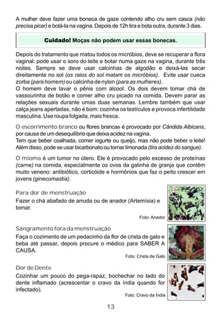 Depois do tratamento que matou todos os micróbios, deve se recuperar a flora
vaginal: pode usar o soro do leite e botar numa gaze na vagina, durante três
noites. Sempre se deve usar calcinhas de algodão e deixá-las secar
direitamente no sol (os raios do sol matam os micróbios). Evite usar cueca
zorba (para homem) ou calcinha de nylon (para as mulheres).
O homem deve lavar o pênis com álcool. Os dois devem tomar chá de
vassourinha de botão e comer alho cru picado na comida. Devem parar as
relações sexuais durante umas duas semanas. Lembre também que usar
calça jeans apertadas, não é bom: cozinha os testículos e provoca infertilidade
masculina. Use roupa folgada, mais fresca.
O escorrimento branco ou flores brancas é provocado por Cândida Albicans,
por causa de um desequilíbrio que deixa acidez na vagina.
Tem que beber coalhada, comer iogurte ou queijo, mas não pode beber o leite!
Além disso, pode se usar bicarbonato ou tomar limonada (tira acidez do sangue).
O mioma é um tumor no útero. Ele é provocado pelo excesso de proteínas
(carne) na comida, especialmente os ovos da galinha de granja que contêm
muito veneno: antibiótico, corticóide e hormônios que faz o peito crescer em
jovens (ginecomastia).
Foto: Anador
Para dor de menstruação
Fazer o chá abafado de arruda ou de anador (Artemísia) e
tomar.
Sangramento fora da menstruação
Faça o cozimento de um pedacinho da flor de crista de galo e
beba até passar, depois procure o médico para SABER A
CAUSA.
Foto: Cravo da Índia
Dor de Dente
Cozinhar um pouco do pega-rapaz, bochechar no lado do
dente inflamado (acrescentar o cravo da índia quando for
infectado).
Foto: Crista de Galo
Cuidado! Moças não podem usar essas bonecas.
13
A mulher deve fazer uma boneca de gaze contendo alho cru sem casca (não
precisa picar) e botá-la na vagina. Depois de 12h tira e bota outra, durante 3 dias.
 