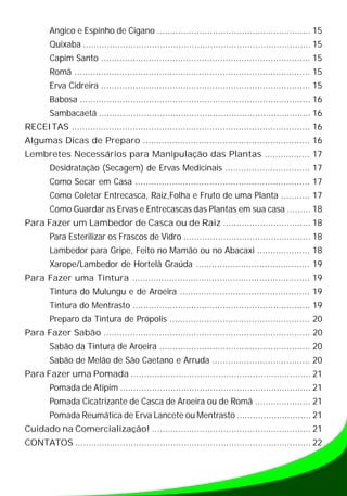 Angico e Espinho de Cigano .......................................................... 15
Quixaba ...................................................................................... 15
Capim Santo ............................................................................... 15
Romã ......................................................................................... 15
Erva Cidreira ............................................................................... 15
Babosa ....................................................................................... 16
Sambacaetá ................................................................................ 16
RECEITAS .......................................................................................... 16
Algumas Dicas de Preparo ............................................................... 16
Lembretes Necessários para Manipulação das Plantas ................. 17
Desidratação (Secagem) de Ervas Medicinais ................................ 17
Como Secar em Casa .................................................................. 17
Como Coletar Entrecasca, Raiz,Folha e Fruto de uma Planta ........... 17
Como Guardar as Ervas e Entrecascas das Plantas em sua casa ......... 18
Para Fazer um Lambedor de Casca ou de Raiz ................................. 18
Para Esterilizar os Frascos de Vidro ................................................ 18
Lambedor para Gripe, Feito no Mamão ou no Abacaxi .................... 18
Xarope/Lambedor de Hortelã Graúda ........................................... 19
Para Fazer uma Tintura ................................................................... 19
Tintura do Mulungu e de Aroeira ................................................. 19
Tintura do Mentrasto ................................................................... 19
Preparo da Tintura de Própolis ..................................................... 20
Para Fazer Sabão .............................................................................. 20
Sabão da Tintura de Aroeira ......................................................... 20
Sabão de Melão de São Caetano e Arruda ..................................... 20
Para Fazer uma Pomada .................................................................... 21
Pomada de Atipim ........................................................................ 21
Pomada Cicatrizante de Casca de Aroeira ou de Romã ..................... 21
Pomada Reumática de Erva Lancete ou Mentrasto ............................ 21
Cuidado na Comercialização! ............................................................ 21
CONTATOS ......................................................................................... 22
 