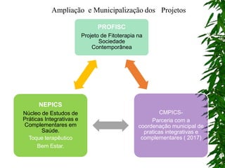 PROFISC
Projeto de Fitoterapia na
Sociedade
Contemporânea
CMPICS-
Parceria com a
coordenação municipal de
praticas integrativas e
complementares ( 2017)
NEPICS
Núcleo de Estudos de
Práticas Integrativas e
Complementares em
Saúde.
Toque terapêutico
Bem Estar.
Ampliação e Municipalização dos Projetos
 