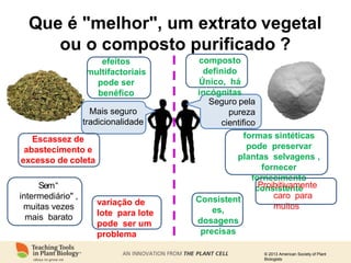 © 2013 American Society of Plant
Biologists
Que é "melhor", um extrato vegetal
ou o composto purificado ?
Sem“
intermediário" ,
muitas vezes
mais barato
composto
definido
Único, há
incógnitas
efeitos
multifactoriais
pode ser
benéfico
Mais seguro
tradicionalidade
Escassez de
abastecimento e
excesso de coleta
Seguro pela
pureza
cientifico
formas sintéticas
pode preservar
plantas selvagens ,
fornecer
fornecimento
consistente
variação de
lote para lote
pode ser um
problema
Proibitivamente
caro para
muitos
Consistent
es,
dosagens
precisas
 