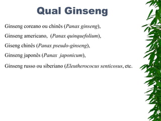 Qual Ginseng
Ginseng coreano ou chinês (Panax ginseng),
Ginseng americano, (Panax quinquefolium),
Giseng chinês (Panax pseudo-ginseng),
Ginseng japonês (Panax japonicum),
Ginseng russo ou siberiano (Eleutherococus senticosus, etc.
 
