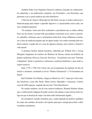 11
Também Pedro Luiz Napoleão Chernoviz elaborou, baseado em conhecimen-
tos adquiridos e em publicações européias, um Formulário e um Dicionário, que
passaram a ser os guias médicos dos lares brasileiros.
A Revista do Arquivo Municipal de São Paulo cita que os índios utilizavam a
batata-de-purga para limpar o aparelho digestivo e a ipecacuanha curava tudo, era
uma verdadeira panacéia.
Os europeus viram uma flora exuberante e perceberam que os índios sabiam
fazer uso da mesma. Levaram tudo que podiam e trouxeram ervas, como a camomi-
la, calêndula e alfazema, que se aclimataram muito bem. Essas influências constitu-
em a base da medicina popular que há algum tempo vem sendo retomada pela me-
dicina natural, visando não só a cura de algumas doenças, mas restituir o homem à
vida natural.
A primeira história natural brasileira, elaborada por Wilhem Pies e Georg
Marcgraf, integrantes da comitiva de Maurício de Nassau, incluía um herbário de
plantas medicinais (Historia Naturalis Brasiliae). Os paulistas com suas “Entradas
e Bandeiras” foram os primeiros a utilizarem a medicina herbalista, e mais tarde os
negros escravos.
Entre 1779 e 1790, Frei Veloso faz um levantamento da capitania do Rio de
Janeiro e arredores, resultando os livros “Plantas Fluminensis” e “O Fazendeiro do
Brasil”.
Karl Friedrick Von Martius, chegou ao Brasil em 1817, viajou por vários esta-
dos brasileiros, como São Paulo, Minas Gerais, Maranhão e Amazonas. Coletou
cerca de 6500 espécies, surgindo daí sua obra “Flora Brasiliensis”.
No mundo moderno, um de seus maiores botânicos, Richard Schultes afirma
que o conhecimento indígena do poder curativo das plantas é uma ciência muito an-
tiga em que as doenças do corpo e da alma estão intimamente ligadas.
Os curandeiros (xamãs) entendem que a saúde depende do perfeito equilíbrio
do corpo, dos sentidos, da mente e do espírito, para que a energia possa fluir e obter
resultados satisfatórios.
 