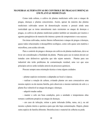 38
MANEIRAS ALTERNATIVAS DE CONTROLE DE PRAGAS E DOENÇAS
EM PLANTAS MEDICINAIS
Como toda cultura, o cultivo de plantas medicinais sofre com o ataque de
pragas, doenças e plantas concorrentes. Assim, apesar da maioria das plantas
medicinais cultivadas serem de domesticação recente e possuir ainda uma
rusticidade que as torna naturalmente mais resistentes ao ataque de doenças e
pragas, os cultivos de plantas medicinais podem também ser atacados por insetos e
agentes patogênicos de maneira tão intensa a ponto de comprometer o seu sucesso.
Em áreas cultivadas, muitos fatores influenciam o ataque de pragas e doenças,
quase todos relacionados à desequilibrio ecológico, como solo quase sem matéria e
microflora, com acidez elevada.
Para o controle de pragas e doenças em cultivos de plantas medicinais, deve-se
levar em consideração a finalidade da planta. Plantas para uso in natura devem ser
tratadas com defensivos agrícolas que não sejam naturais. Plantas para uso
industrial não terão problemas de contaminação residual, uma vez que seus
princípios ativos serão isolados através de processos químicos.
Procure sempre uma orientação técnica e tome alguns cuidados:
- plantar espécies resistentes e adaptadas ao local e à época;
- realizar a rotação de cultura, evitando plantar em anos consecutivos uma
mesma espécie ou da mesma familia, pois absorvem o mesmo nutriente do solo e a
planta fica vulnerável ao ataque de pragas e doenças.
- adquirir mudas sadias
- manter o solo em boas condições, pois a umidade e temperaturas altas
tornam o ambiente propício ao ataque de doenças;
- em caso de infecção, retirar a parte infectada (folha, ramo, etc.), ou até
mesmo a planta inteira e queime-a para que não haja contaminação. Depois, plante
outra espécie de família diferente. Desinfeccione o material de colheita ou poda.
 