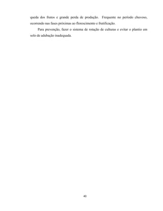 40
queda dos frutos e grande perda de produção. Frequente no período chuvoso,
ocorrendo nas fases próximas ao florescimento e frutificação.
Para prevenção, fazer o sistema de rotação de culturas e evitar o plantio em
solo de adubação inadequada.
 