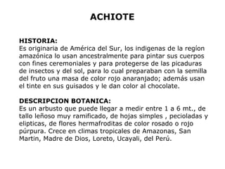 ACHIOTE 
HISTORIA: 
Es originaria de América del Sur, los indigenas de la regíon 
amazónica lo usan ancestralmente para pintar sus cuerpos 
con fines ceremoniales y para protegerse de las picaduras 
de insectos y del sol, para lo cual preparaban con la semilla 
del fruto una masa de color rojo anaranjado; además usan 
el tinte en sus guisados y le dan color al chocolate. 
DESCRIPCION BOTANICA: 
Es un arbusto que puede llegar a medir entre 1 a 6 mt., de 
tallo leñoso muy ramificado, de hojas simples , pecioladas y 
elipticas, de flores hermafroditas de color rosado o rojo 
púrpura. Crece en climas tropicales de Amazonas, San 
Martin, Madre de Dios, Loreto, Ucayali, del Perú. 
 