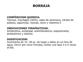 BORRAJA 
COMPÓSICION QUIMICA: 
Taninos, mucilagos (30%), sales de amoniaco, nitrato de 
potasio, saponinas, resinas, silice y vitamina C 
INDICACIONES TERAPEUTICAS: 
Antipiretico, antigripal, antiinfamatorio, espectorante, 
antianémico y laxante. 
DOSIFICACION: 
Cocimiento de 15 -30 gr. de hojas y tallos en un litro de 
agua, hervir por cinco minutos, tomar una taza 3 a 4 veces 
al día. 
 