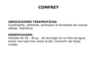 COMFREY 
INDICACIONES TERAPEUTICAS: 
Cicatrizante, calmante, promueve la formación de nuevas 
células. Nutritivos 
DOSIFICACION: 
Infusión de 20 - 30 gr. de las hojas en un litro de agua, 
tomar una taza tres veces al día. Consumir las hojas 
crudas. 
 