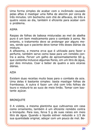 21
Uma forma simples de acabar com o incômodo causado
pelas aftas é mastigar uma folha de alecrim por cerca de
três minutos. Um bochecho com chá de alfavaca, de três a
quatro vezes ao dia, também é eficiente para acabar com
o problema.
 
ASMA
 
Raspas de folhas de babosa misturadas ao mel de abelha
puro é um bom medicamento para o combate à asma. No
entanto, o tratamento deve se prolongar por alguns me-
ses, sendo que o paciente deve tomar três doses diárias da
mistura.
A alfazema, a mesma erva que é utilizada para fazer o
perfume, também serve como base para um remédio con-
tra a asma. Ferver um galho de aproximadamente 60 g,
que contenha inclusive algumas flores, em um litro de água,
por dois minutos. Coar e beber de quatro a seis xícaras
diárias.
 
AZIA
 
Existem duas receitas muito boas para o combate da azia.
Uma delas é bastante simples: basta mastigar folhas de
framboesa. A outra é fazer um chá com três folhas de
louro e misturá-lo ao suco de meio limão. Tomar com bas-
tante açúcar.
 
 
BRONQUITE
 
0 A violeta, a mesma plantinha que cultivamos em casa
como ornamento, também é um eficiente remédio contra
a bronquite. Para isso, ferva 5 g de suas raízes em meio
litro de água. Quando o liquido estiver reduzido a 1/3 de
sua quantidade original, adoçar com um pouco de mel. Be-
 