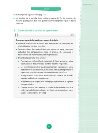 CICLO II
13
Anotaciones
En el ejemplo de organización (pág.11):
	 La siembra de la semilla debe realizarse cerca del fin de semana, de
manera que se ganan días para que se desarrolle el proceso que se desea
observar.
8.	 Desarrollo de la unidad de aprendizaje
Tengamos presente las siguientes pautas de trabajo:
	 Antes de realizar cada actividad, nos aseguramos de contar con los
materiales que vamos a necesitar.
	 Tenemos claros los aprendizajes que queremos lograr con cada
actividad. Así, conduciremos mejor el proceso de enseñanza y
facilitaremos de manera adecuada el aprendizaje.
	 Durante el desarrollo de la unidad:
	 Promovemos en los niños la capacidad de hacer preguntas sobre
las situaciones de su interés y plantear posibles respuestas.
	 Les permitimos construir sus propias teorías y explicaciones sobre
losfenómenosqueobservan,auncuandoestaspuedanparecernos
ingenuas o no coincidan con los conocimientos científicos.
	 Acompañamos a los niños mostrando una actitud de escucha
atenta a las hipótesis que plantean.
	 Aseguremos que los procesos pedagógicos promuevan el logro de
los aprendizajes.
	 Estemos atentas para evaluar -a través de la observación- si se
están logrando los aprendizajes previstos o si se requieren hacer
ajustes (evaluación de proceso).
 