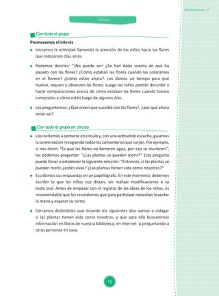 CICLO II
15
Anotaciones
	 Los invitamos a sentarse en círculo y, con una actitud de escucha, guiamos
laconversaciónrecogiendotodosloscomentariosquesurjan.Porejemplo,
si nos dicen: “Es que las flores no tomaron agua, por eso se murieron.”,
les podemos preguntar: “¿Las plantas se pueden morir?” Esta pregunta
puede llevar a establecer la siguiente relación: “Entonces, si las plantas se
pueden morir, ¿están vivas? ¿Las plantas tienen vida como nosotros?”
	 Escribimos sus respuestas en un papelógrafo. En este momento, debemos
escribir lo que los niños nos dictan, sin realizar modificaciones a su
texto oral. Antes de empezar con el registro de las ideas de los niños, es
recomendable que les recordemos que para participar necesitan levantar
la mano y esperar su turno.	
	 Cerramos diciéndoles que durante los siguientes días vamos a indagar
si las plantas tienen vida como nosotros, y que para ello buscaremos
información en libros de nuestra biblioteca, en internet o preguntando a
otras personas en casa.
Con todo el grupo en círculo
Promovemos el interés
	 Iniciamos la actividad llamando la atención de los niños hacia las flores
que colocamos días atrás.
	 Podemos decirles: “¡No puede ser! ¿Se han dado cuenta de qué ha
pasado con las flores? ¿Cómo estaban las flores cuando las colocamos
en el florero? ¿Cómo están ahora?. Les damos un tiempo para que
huelan, toquen y observen las flores. Luego los niños podrán describir y
hacer comparaciones acerca de cómo estaban las flores cuando fueron
compradas y cómo están luego de algunos días.
	 Les preguntamos: ¿Qué creen que sucedió con las flores?, ¿por qué ahora
están así?
Con todo el grupo
 