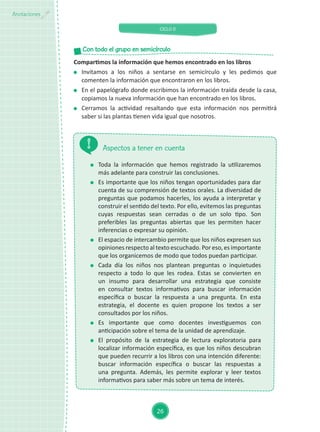 CICLO II
26
Anotaciones
	 Toda la información que hemos registrado la utilizaremos
más adelante para construir las conclusiones.
	 Es importante que los niños tengan oportunidades para dar
cuenta de su comprensión de textos orales. La diversidad de
preguntas que podamos hacerles, los ayuda a interpretar y
construir el sentido del texto. Por ello, evitemos las preguntas
cuyas respuestas sean cerradas o de un solo tipo. Son
preferibles las preguntas abiertas que les permiten hacer
inferencias o expresar su opinión.
	 El espacio de intercambio permite que los niños expresen sus
opiniones respecto al texto escuchado. Por eso, es importante
que los organicemos de modo que todos puedan participar.
	 Cada día los niños nos plantean preguntas o inquietudes
respecto a todo lo que les rodea. Estas se convierten en
un insumo para desarrollar una estrategia que consiste
en consultar textos informativos para buscar información
específica o buscar la respuesta a una pregunta. En esta
estrategia, el docente es quien propone los textos a ser
consultados por los niños.
	 Es importante que como docentes investiguemos con
anticipación sobre el tema de la unidad de aprendizaje.
	 El propósito de la estrategia de lectura exploratoria para
localizar información específica, es que los niños descubran
que pueden recurrir a los libros con una intención diferente:
buscar información específica o buscar las respuestas a
una pregunta. Además, les permite explorar y leer textos
informativos para saber más sobre un tema de interés.
Aspectos a tener en cuenta
Compartimos la información que hemos encontrado en los libros
	 Invitamos a los niños a sentarse en semicírculo y les pedimos que
comenten la información que encontraron en los libros.
	 En el papelógrafo donde escribimos la información traída desde la casa,
copiamos la nueva información que han encontrado en los libros.
	 Cerramos la actividad resaltando que esta información nos permitirá
saber si las plantas tienen vida igual que nosotros.
Con todo el grupo en semicírculo
 