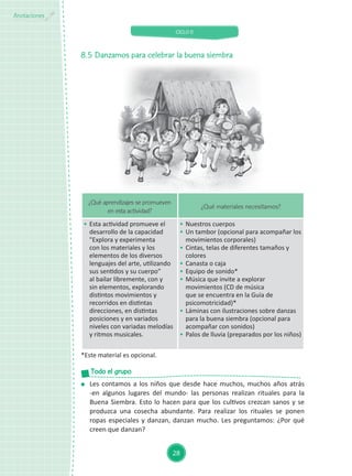 CICLO II
28
Anotaciones
¿Qué aprendizajes se promueven
en esta actividad?
¿Qué materiales necesitamos?
	 Esta actividad promueve el
desarrollo de la capacidad
"Explora y experimenta
con los materiales y los
elementos de los diversos
lenguajes del arte, utilizando
sus sentidos y su cuerpo"
al bailar libremente, con y
sin elementos, explorando
distintos movimientos y
recorridos en distintas
direcciones, en distintas
posiciones y en variados
niveles con variadas melodías
y ritmos musicales.
	 Nuestros cuerpos
	 Un tambor (opcional para acompañar los
movimientos corporales)
	 Cintas, telas de diferentes tamaños y
colores
	 Canasta o caja
	 Equipo de sonido*
	 Música que invite a explorar
movimientos (CD de música
que se encuentra en la Guía de
psicomotricidad)*
	 Láminas con ilustraciones sobre danzas
para la buena siembra (opcional para
acompañar con sonidos)
	 Palos de lluvia (preparados por los niños)
8.5	Danzamos para celebrar la buena siembra
	 Les contamos a los niños que desde hace muchos, muchos años atrás
-en algunos lugares del mundo- las personas realizan rituales para la
Buena Siembra. Esto lo hacen para que los cultivos crezcan sanos y se
produzca una cosecha abundante. Para realizar los rituales se ponen
ropas especiales y danzan, danzan mucho. Les preguntamos: ¿Por qué
creen que danzan?
Todo el grupo
*Este material es opcional.
 