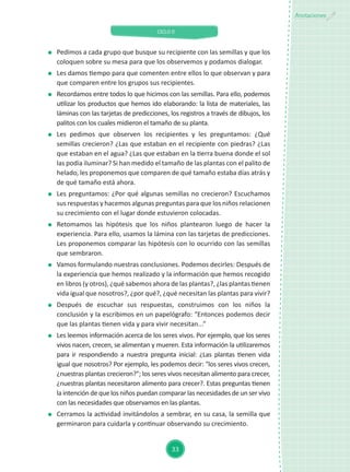 CICLO II
33
Anotaciones
	 Pedimos a cada grupo que busque su recipiente con las semillas y que los
coloquen sobre su mesa para que los observemos y podamos dialogar.
	 Les damos tiempo para que comenten entre ellos lo que observan y para
que comparen entre los grupos sus recipientes.
	 Recordamos entre todos lo que hicimos con las semillas. Para ello, podemos
utilizar los productos que hemos ido elaborando: la lista de materiales, las
láminas con las tarjetas de predicciones, los registros a través de dibujos, los
palitos con los cuales midieron el tamaño de su planta.
	 Les pedimos que observen los recipientes y les preguntamos: ¿Qué
semillas crecieron? ¿Las que estaban en el recipiente con piedras? ¿Las
que estaban en el agua? ¿Las que estaban en la tierra buena donde el sol
las podía iluminar? Si han medido el tamaño de las plantas con el palito de
helado, les proponemos que comparen de qué tamaño estaba días atrás y
de qué tamaño está ahora.
	 Les preguntamos: ¿Por qué algunas semillas no crecieron? Escuchamos
sus respuestas y hacemos algunas preguntas para que los niños relacionen
su crecimiento con el lugar donde estuvieron colocadas.
	 Retomamos las hipótesis que los niños plantearon luego de hacer la
experiencia. Para ello, usamos la lámina con las tarjetas de predicciones.
Les proponemos comparar las hipótesis con lo ocurrido con las semillas
que sembraron.
	 Vamos formulando nuestras conclusiones. Podemos decirles: Después de
la experiencia que hemos realizado y la información que hemos recogido
en libros (y otros), ¿qué sabemos ahora de las plantas?, ¿las plantas tienen
vida igual que nosotros?, ¿por qué?, ¿qué necesitan las plantas para vivir?
	 Después de escuchar sus respuestas, construimos con los niños la
conclusión y la escribimos en un papelógrafo: “Entonces podemos decir
que las plantas tienen vida y para vivir necesitan...”
	 Les leemos información acerca de los seres vivos. Por ejemplo, que los seres
vivos nacen, crecen, se alimentan y mueren. Esta información la utilizaremos
para ir respondiendo a nuestra pregunta inicial: ¿Las plantas tienen vida
igual que nosotros? Por ejemplo, les podemos decir: "los seres vivos crecen,
¿nuestras plantas crecieron?"; los seres vivos necesitan alimento para crecer,
¿nuestras plantas necesitaron alimento para crecer?. Estas preguntas tienen
la intención de que los niños puedan comparar las necesidades de un ser vivo
con las necesidades que observamos en las plantas.
	 Cerramos la actividad invitándolos a sembrar, en su casa, la semilla que
germinaron para cuidarla y continuar observando su crecimiento.
 