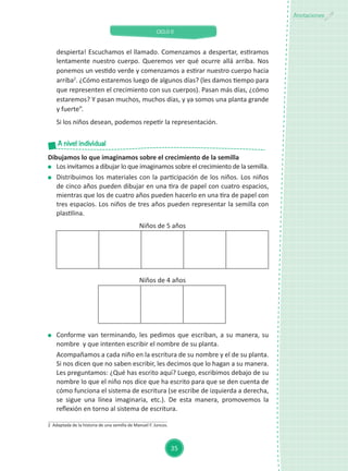 CICLO II
35
Anotaciones
despierta! Escuchamos el llamado. Comenzamos a despertar, estiramos
lentamente nuestro cuerpo. Queremos ver qué ocurre allá arriba. Nos
ponemos un vestido verde y comenzamos a estirar nuestro cuerpo hacia
arriba2
. ¿Cómo estaremos luego de algunos días? (les damos tiempo para
que representen el crecimiento con sus cuerpos). Pasan más días, ¿cómo
estaremos? Y pasan muchos, muchos días, y ya somos una planta grande
y fuerte”.
	 Si los niños desean, podemos repetir la representación.
Niños de 5 años
2 Adaptada de la historia de una semilla de Manuel F. Juncos.
Dibujamos lo que imaginamos sobre el crecimiento de la semilla
	 Los invitamos a dibujar lo que imaginamos sobre el crecimiento de la semilla.
	 Distribuimos los materiales con la participación de los niños. Los niños
de cinco años pueden dibujar en una tira de papel con cuatro espacios,
mientras que los de cuatro años pueden hacerlo en una tira de papel con
tres espacios. Los niños de tres años pueden representar la semilla con
plastilina.
A nivel individual
Niños de 4 años
	 Conforme van terminando, les pedimos que escriban, a su manera, su
nombre y que intenten escribir el nombre de su planta.
	 Acompañamos a cada niño en la escritura de su nombre y el de su planta.
Si nos dicen que no saben escribir, les decimos que lo hagan a su manera.
Les preguntamos: ¿Qué has escrito aquí? Luego, escribimos debajo de su
nombre lo que el niño nos dice que ha escrito para que se den cuenta de
cómo funciona el sistema de escritura (se escribe de izquierda a derecha,
se sigue una línea imaginaria, etc.). De esta manera, promovemos la
reflexión en torno al sistema de escritura.
 
