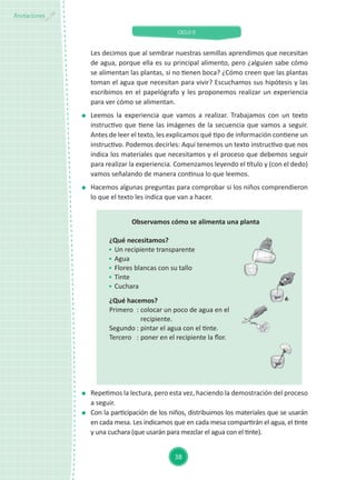CICLO II
38
Anotaciones
	 Repetimos la lectura, pero esta vez, haciendo la demostración del proceso
a seguir.
	 Con la participación de los niños, distribuimos los materiales que se usarán
en cada mesa. Les indicamos que en cada mesa compartirán el agua, el tinte
y una cuchara (que usarán para mezclar el agua con el tinte).
	 Les decimos que al sembrar nuestras semillas aprendimos que necesitan
de agua, porque ella es su principal alimento, pero ¿alguien sabe cómo
se alimentan las plantas, si no tienen boca? ¿Cómo creen que las plantas
toman el agua que necesitan para vivir? Escuchamos sus hipótesis y las
escribimos en el papelógrafo y les proponemos realizar un experiencia
para ver cómo se alimentan.
	 Leemos la experiencia que vamos a realizar. Trabajamos con un texto
instructivo que tiene las imágenes de la secuencia que vamos a seguir.
Antes de leer el texto, les explicamos qué tipo de información contiene un
instructivo. Podemos decirles: Aquí tenemos un texto instructivo que nos
indica los materiales que necesitamos y el proceso que debemos seguir
para realizar la experiencia. Comenzamos leyendo el título y (con el dedo)
vamos señalando de manera continua lo que leemos.
	 Hacemos algunas preguntas para comprobar si los niños comprendieron
lo que el texto les indica que van a hacer.
Observamos cómo se alimenta una planta
¿Qué necesitamos?
	 Un recipiente transparente
	Agua
	 Flores blancas con su tallo
	Tinte
	Cuchara
¿Qué hacemos?
Primero	 :	colocar un poco de agua en el
recipiente.
Segundo	:	pintar el agua con el tinte.
Tercero	 :	poner en el recipiente la flor.
 