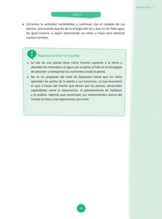 CICLO II
45
Anotaciones
	 La raíz de una planta tiene como función sujetarla a la tierra y
absorber los minerales y el agua; por su parte, el tallo es el encargado
de absorber y transportar los nutrientes a toda la planta.
	 No es un propósito del nivel de Educación Inicial que los niños
aprendan las partes de la planta y sus funciones. Lo que buscamos
es que a través del interés que tienen por las plantas, desarrollen
capacidades como la observación, el planteamiento de hipótesis
y el análisis. Además que construyan sus conocimientos acerca del
mundo en base a las experiencias que viven.
Aspectos a tener en cuenta
	 Cerramos la actividad invitándolos a continuar con el cuidado de sus
plantas, procurando que les dé la energía del sol y que no les falte agua.
De igual manera, a seguir observando sus tallos y hojas para detectar
nuevos cambios.
 