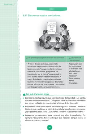 CICLO II
46
Anotaciones
8.11	Elaboramos nuestras conclusiones.
¿Qué aprendizajes se promueven en esta actividad? ¿Qué materiales
necesitamos?
	
A través de esta actividad, se cierra la
unidad que ha promovido el desarrollo de
la competencia "Indaga, mediante métodos
científicos, situaciones que pueden ser
investigadas por la ciencia" para descubrir
si las plantas tienen vida como nosotros. A
través de todas las experiencias realizadas,
los niños movilizarán la capacidad de analizar
datos e información y de expresar con claridad
sus ideas para elaborar sus conclusiones.
	
Papelógrafo con
las hipótesis de
la actividad “Las
plantas tienen
vida como
nosotros”
	
Cinta masking
tape o
limpiatipo.
	
Les recordamos la pregunta que hicimos al inicio de la unidad: ¿Las plantas
sonseresvivoscomonosotros? Dialogamossobrelasdiferentesactividades
que hemos realizado: las experiencias, la lectura de los libros, etc.
	
Recordamos sobre lo que hemos hecho a lo largo de la actividad. Leemos las
hipótesis que escribimos al inicio de la unidad y les volvemos a preguntar:
¿Qué podemos decir ahora? ¿Las plantas son seres vivos como nosotros?
	
Acogemos sus respuestas para construir con ellos la conclusión. Por
ejemplo: “Las plantas tienen vida igual que nosotros porque nacen, se
alimentan, crecen y mueren”.
Con todo el grupo en círculo
 