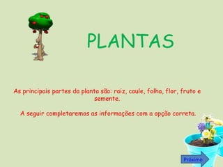 As principais partes da planta são: raiz, caule, folha, flor, fruto e semente. A seguir completaremos as informações com a opção correta. PLANTAS Próximo 