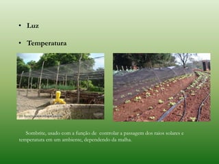 • Luz
• Temperatura
Sombrite, usado com a função de controlar a passagem dos raios solares e
temperatura em um ambiente, dependendo da malha.
 