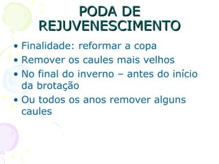 PODA DEPODA DE
REJUVENESCIMENTOREJUVENESCIMENTO
• Finalidade: reformar a copa
• Remover os caules mais velhos
• No final do inverno – antes do início
da brotação
• Ou todos os anos remover alguns
caules
 
