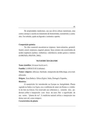 41

       De propriedades medicinais, seu uso alivia cólicas menstruais, atua
contra cansaço e auxilia no tratamento de hemorróidas, reumatismo e contu-
sões. Em infusão, ajuda na digestão e estimula o apetite.



Composição química
     No óleo essencial encontram-se terpenos: lauro-estearina, geraniol,
linalol, cienol, terpineno, engenol, pineno. Seus extratos são constituídos de
ácidos orgânicos (acético, isobutírico, valeriâncio), ácidos graxos e taninos
(LORENZI e MATOS, 2002).

                        MANJERICÃO-GRANDE

Nome científico: Ocimum basilicum L.
Família: LAMIACEAE (Labiatae).
Nomes vulgares: alfavaca; basilicão; manjericão-da-folha-larga; erva-real;
alfavacão.
Origem: Ásia (Índia) e África (Egito). Índia, Portugal e Espanha.
Histórico
       O manjericão foi introduzido na Europa na Antigüidade. Planta
sagrada na Índia e no Egito, era o emblema do amor em Roma e o símbo-
lo do luto na Grécia. Era reservado aos soberanos e, somente eles, po-
deriam colher o manjericão com foice de ouro. Daí o significado de
seu nome: "planta do rei". A medicina natural utiliza o manjericão nas
dietas sem sal, como tempero.
Característica da planta
 