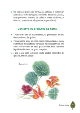 Os potes de picles são formas de enfeitar e conservar
alimentos, como as vagens, cebolinha de cabeça (rakiô),
camapu verde, pimenta de todas as cores e sabores, o
chuchu, semente de chaguinha (capuchinha).



    Conserve os produtos da horta

Transforme em pó as pimentas, os pimentões, folhas
de mandioca, de quiabo.
Folhas como as de alecrim, manjericão, orégano, salsa,
podem ser desidratadas para usar na entressafra ou em
chás e colocadas na água para beber, mas também
liquidificadas com sal para tempero.
Faça o café com fedegoso (mata-pasto), sementes de
quiabo, milho, cacau.


     Capuchinha




                                                 HORTAS PERENES   13
 