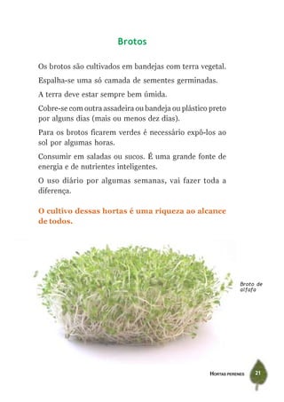 Brotos

Os brotos são cultivados em bandejas com terra vegetal.
Espalha-se uma só camada de sementes germinadas.
A terra deve estar sempre bem úmida.
Cobre-se com outra assadeira ou bandeja ou plástico preto
por alguns dias (mais ou menos dez dias).
Para os brotos ficarem verdes é necessário expô-los ao
sol por algumas horas.
Consumir em saladas ou sucos. É uma grande fonte de
energia e de nutrientes inteligentes.
O uso diário por algumas semanas, vai fazer toda a
diferença.

O cultivo dessas hortas é uma riqueza ao alcance
de todos.




                                                                Broto de
                                                                alfafa




                                                    HORTAS PERENES   21
 