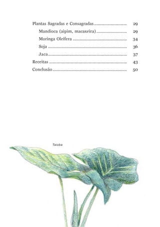 Plantas Sagradas e Consagradas .............................                       29
     Mandioca (aipim, macaxeira) ...........................                       29
     Moringa Oleífera ................................................             34
     Soja ......................................................................   36
     Jaca......................................................................    37
Receitas .....................................................................     43
Conclusão ..................................................................       50




                Taioba
 