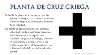 Se habla de planta de cruz griega para las
iglesias en las que nave y transepto tienen
el mismo largo y se intersecan a la mitad
de su longitud.
La planta de cruz griega ha sido utilizada
sobre todo en la arquitectura bizantina.
En occidente por la arquitectura
“barbará” visigoda y carolingia, y menos
en la románica y gótica. Volvió a ser
tenida en cuenta en el Renacimiento por
la búsqueda ideal de una iglesia de plan
central. Carmen Águila, https://hortushesperidum.com
 
