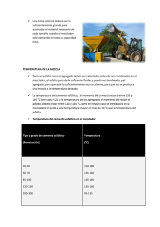 Una tolva caliente deberá ser lo
suficientemente grande para
acomodar el material necesario de
cada tamaño cuando el mezclador
está operando en toda su capacidad
total.

TEMPERATURA DE LA MEZCLA
 Tanto el asfalto como el agregado deben ser calentados antes de ser combinados en el
mezclador; el asfalto para darle suficiente fluidez y pueda ser bombeado, y el
agregado, para que esté lo suficientemente seco y caliente, para que así se produzca
una mezcla a la temperatura deseada.
 La temperatura del cemento asfáltico, al momento de la mezcla estará entre 135 y
160 oC (ver tabla 4.2), y la temperatura de los agregados al momento de recibir el
asfalto, deberá estar entre 120 y 160 oC, pero en ningún caso se introducirá en la
mezcladora el árido a una temperatura mayor en más de 10 oC que la temperatura del
asfalto.
 Temperatura del cemento asfáltico en el mezclador

Tipo y grado de cemento asfáltico

Temperatura

(Penetración)

(°C)

40-50

150-180

60-70

135-160

85-100

135-160

120-150

135-160

200-300

95-135

 